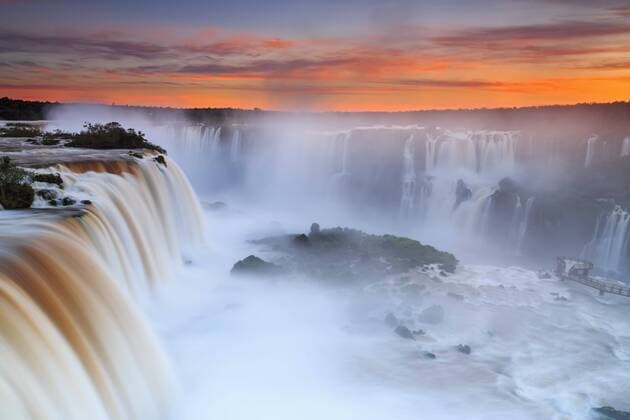 South America, Argentina, Brazil, Iguazu National Park, Iguazu Falls at sunset  FOF006645