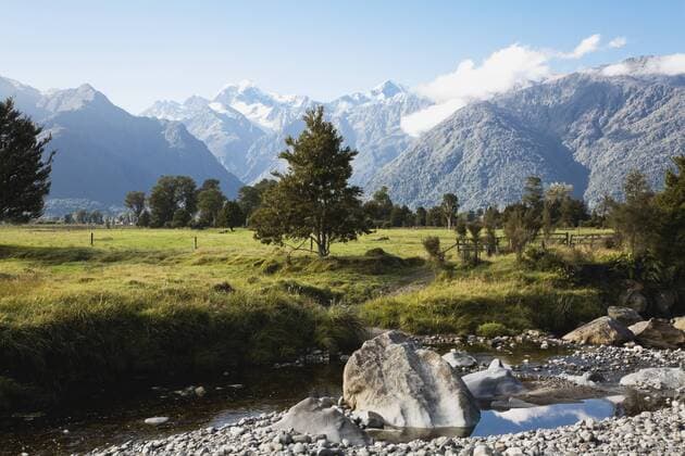 New Zealand, South Island, West Coast, View of Westland National Park with mountains in background  GWF001300