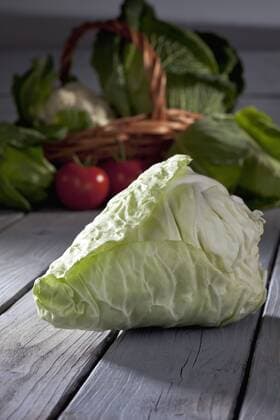 Pointed cabbage (Brassica oleracea var. capitata for. alba subv. conica) and basket with other vegetables on grey wooden table  CSF020594