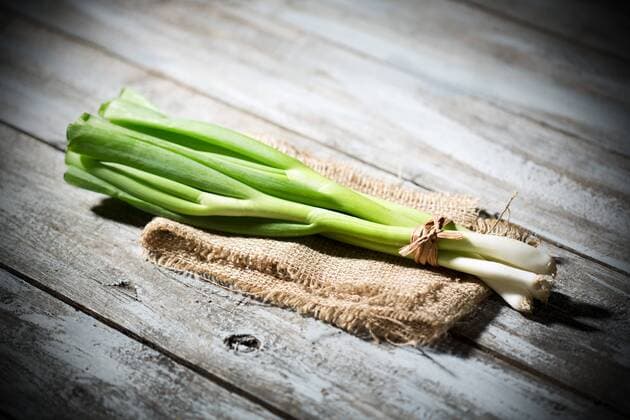 Bench of spring onions on folded jute and grey wooden table  MAEF007739