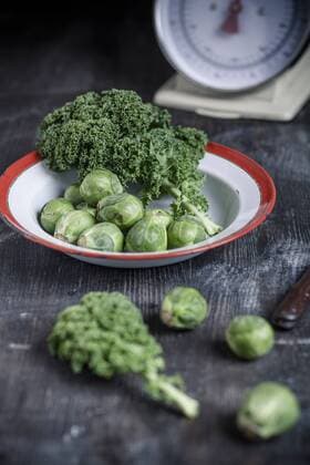Kale and sprouts on wooden table and plate  SBDF000429