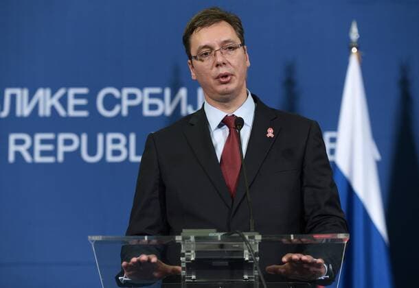 BELGRADE, SERBIA. OCTOBER 16, 2014. Serbia s prime minister Aleksandar Vucic talks to journalists following a meeting with Russia s president Vladimir Putin. Alexei Nikolsky TASS  RE1520E4