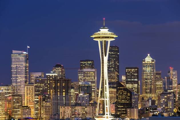 USA, Washington State, skyline of Seattle with Space Needle at blue hour  FOF007105