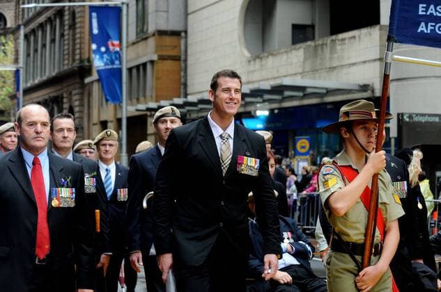 Victoria Cross recipient Ben Roberts-Smith takes part in the ANZAC Day March through the Sydney CBD, Monday, April 25, 2011. The ANZAC Day March commemorates 96 years to the day since Australian and New Zealand troops landed at Gallipoli. (AAP Image Tracey Nearmy) NO ARCHIVING 985_33_20110425000314057412