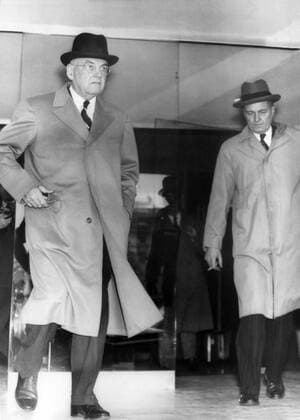 Geneva, Switzerland: April 28, 1954 President Eisenhower s Secretary of State John Foster Dulles looks grim as he leaves after a conference with Soviet Foreign Minister V. M. Molotov. Dulles supported a French call for a cease-fire at Dien Bien Phu to evacuate wounded French Union defenders. 990_05_X-Eisenhower-Dwight_10HR