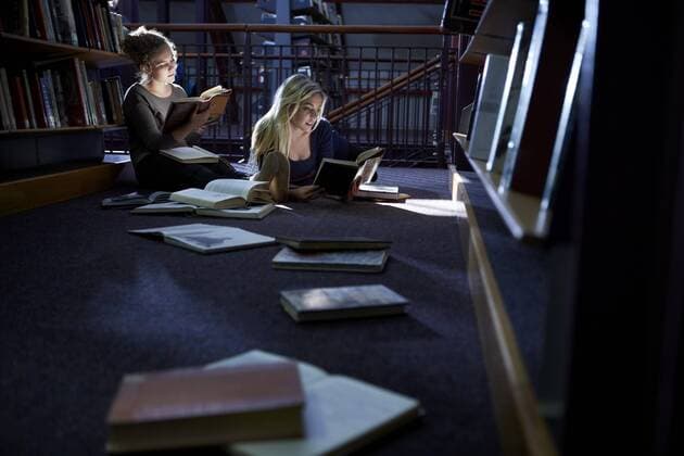 Two female students learning in a library model released Symbolfoto property released  ZEF000121