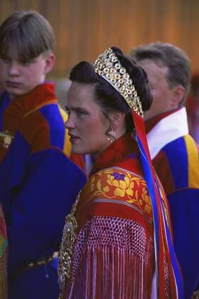Sami bride at traditional Sami wedding, Karaskok, Samiland Lapland, Finnmark, Northern Norway. 1997.  1114969 PetexOxford