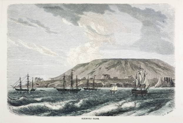 Illustration of Albemarle Island (now Isabela) engraving by Huyot and Bepard facing page 520 in All Around the World published in 1872 by William Collins & Son. Shows the large caldera of a volcano (possibly Alcedo) in the background, with parasitic cones in the foreground. This area was visited by Charles Darwin in his Beagle voyages and also by author Herman Melville. Old whaling boats such as these collected giant tortoises for food and left a legacy of feral animals including goats and pigs that destroyed the vegetation. Project Isabella is a recent initiative designed to eradicate goats on the island and restore the ecosystem for the giant tortoises. This island has also recently turned up a surprise new species of pink land iguana from the caldera rim of Volcan Wolf.  1388304 PaulxxDxStewart