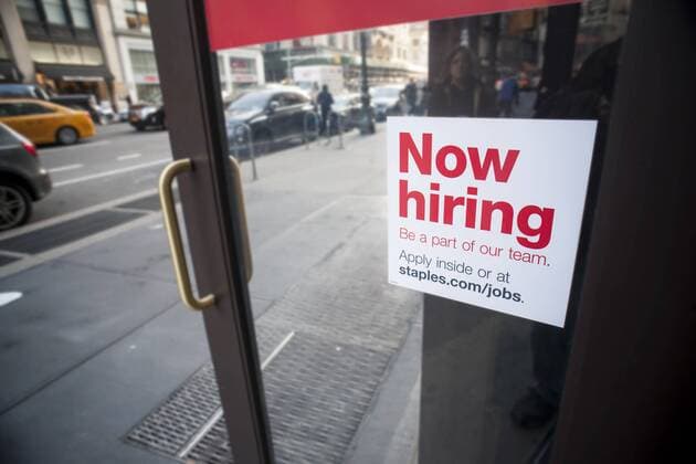 Now Hiring in New York A Staples store in New York advertises that it is Now Hiring with a sign in its window on Sunday, November 23, 2014. (  RICHARDxB.xLEVINE