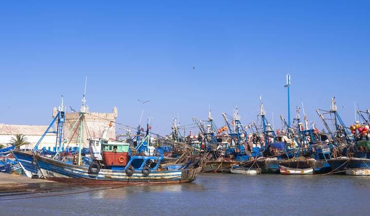 IMAGO Creative, Unsere Erde, Umweltverträgliche Herausforderungen des 21. Jahrhunderts, Überfischung Fischkutter im Hafen von Essaouira, Unesco-Weltkulturerbe, Marokko, Afrika iblmox04023314.jpg