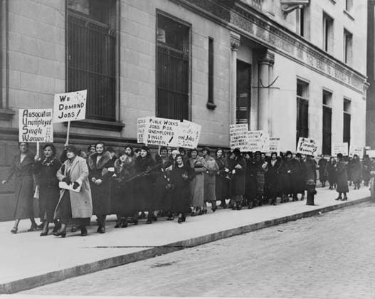 Archival unemployment photo Forgotten women, unemployed and single, in job demand parade. World-Telegram staff photo. 1933 Dec 7. (LOC)  LibraryxofxCongress