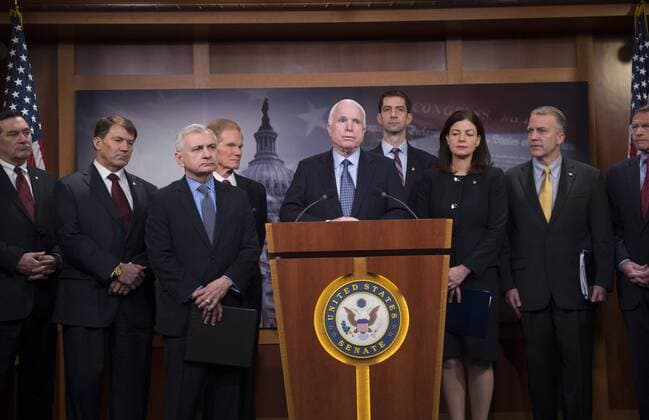 Chairman of the Senate Armed Services Committee John McCain (R-AZ) is flanked by a group of bipartisan Senators as he speaks on arming the Ukrainians against Russia, at a news conference on Capitol Hill in Washington, D.C. on February 5, 2015.  WAP20150205318 KEVINxDIETSCH