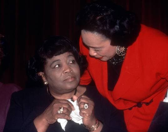 50th anniversary of the death of Malcolm X Coretta Scott King (R) widow of Martin Luther King Jr. speaks with Betty Shabazz (L), widow of Malcolm X at Riverside Church in New York City in February 1995. Nation of Islam leader Malcolm X was shot and killed in the Audubon Ballroom on February 21, 1965 making this weekend the fiftieth anniversary. (  FRANCESxM.xROBERTS