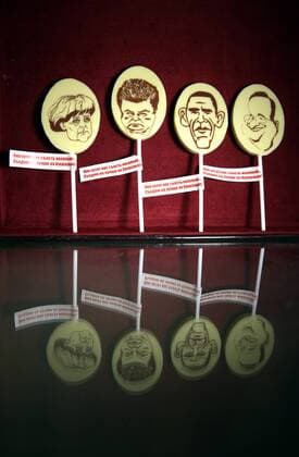 MOSCOW, RUSSIA. FEBRUARY 20, 2015. Chocolates with image of German Chancellor Angela Merkel, Ukraine s President Petro Poroshenko, US President Barack Obama and French President Francois Hollande are on sale in a shop. Artyom Geodakyan TASS  RE15C6C2