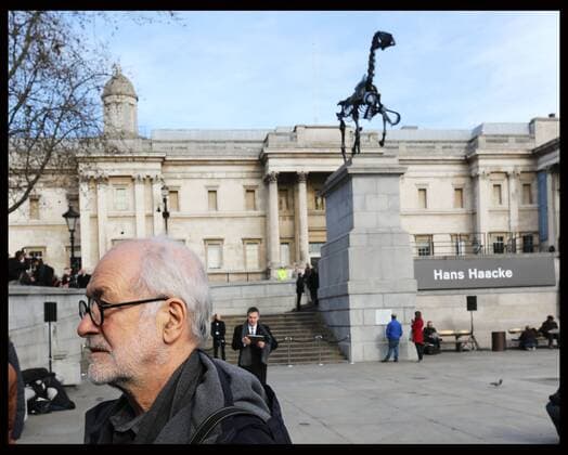 . 05 03 2015. London, United Kingdom. The artist Hans Haacke after the unveiling of his new fourth plinth in Trafalgar Square, London, entitled Gift Horse.  xStephenxLockx xi-Imagesx IIM-9708-0027