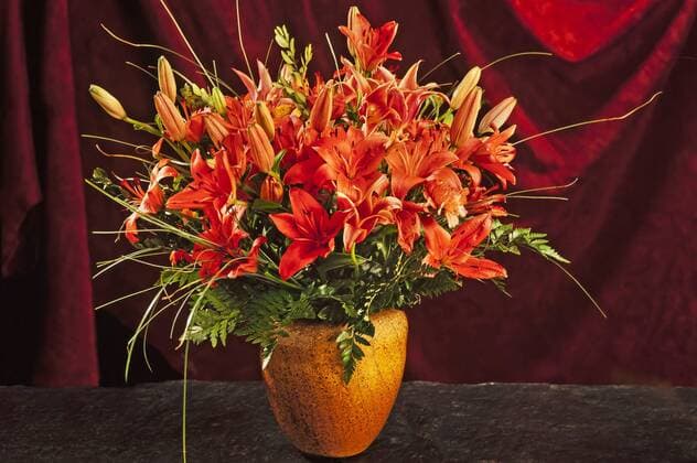  Lilienstrauß in einer Vase vor rotem Vorhang ibxmzc04093721.jpg