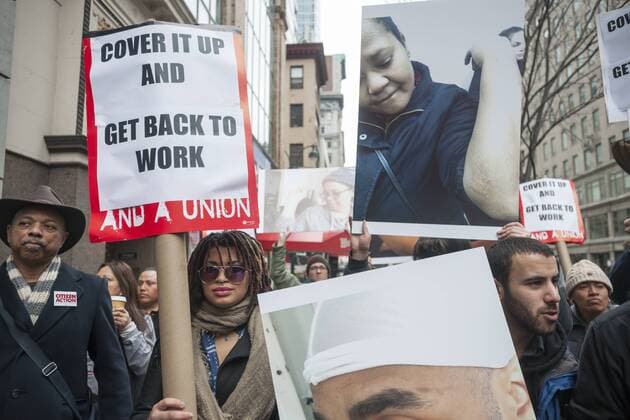 Fast Food workers in New York protest widespread workplace injuries Workers at fast food restaurants and their supporters protest in front of a McDonald s restaurant in New York on Tuesday, March 17, 2015. Fast food workers have filed 28 OSHA complaints in 19 cities against the fast food chain. The workers allege that understaffing and the pressure to work fast creates hazardous working conditions leading to burns, cuts and other injuries. (  RICHARDxB.xLEVINE
