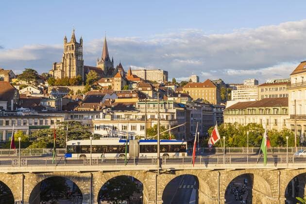 Switzerland, Lausanne, cityscape with bridge Grand-Pont and cathedral Notre-Dame  WDF002894