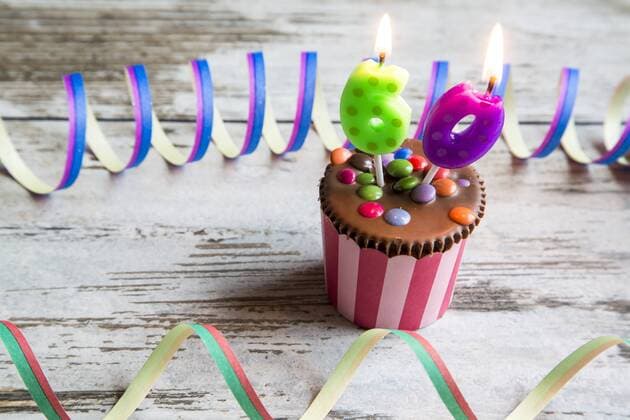 Birthday muffin with chocolate buttons and lighted candles  SARF001420