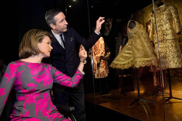 - ANTWERPEN, BELGIUM: Queen Mathilde of Belgium and Dries Van Noten pictured during a visit of the Belgian Queen to exhibition Dries Van Noten. Inspirations , Wednesday 25 March 2015, at the fashion museum MOMU in Antwerp.  DIRKxWAEM 04593998