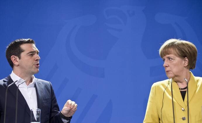 Ministerpraesident Alexis TSIPRAS (GRE) und Bundeskanzlerin Dr. Angela MERKEL Presseunterrichtung des griechischen Ministerpraesidenten und der Bundeskanzlerin im Bundeskanzleramt in Berlin, Deutschland am 23.03.2015.