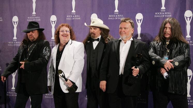 April 4, 2015 - File - The former drummer for the Southern hard rock band Lynyrd Skynyrd, Robert Burns Jr., has died in a car crash in Georgia. Georgia State Patrol spokeswoman Tracey Watson said Burns vehicle went off a curve in a road near Cartersville just before midnight Saturday, striking a mailbox and a tree. Burns was killed in the wreck. He was 64. Pictured - Mar 13, 2006 - New York, New York, U.S. - Inductees Gary Rossington, Billy Powell, Artimus Pyle, Ed King and Bob Burns of Lynyrd Skynyrd at the 21st Annual Rock and Roll Hall of Fame Induction ceremony held at the Waldorf Astoria Hotel New York U.S.  - ZUMA
