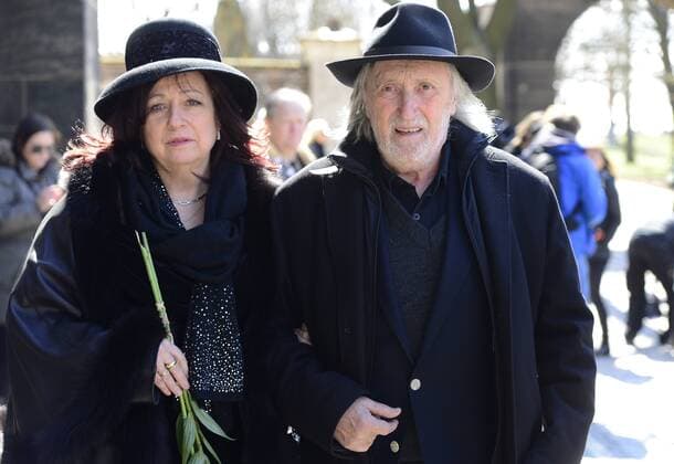 Slovakian director Juraj Jakubisko and his wife Deana attend the funeral ceremony of Czech cinematographer Miroslav Ondricek in Prague, Czech Republic, on April 7, 2015. Miroslav Ondricek died at the age of 80 on March 28, 2015. (CTKxPhoto RomanxVondrous) CTKPhotoP201504070364401  _VN11450