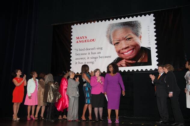 April 7, 2015 - Washington, District Of Columbia, U.S - First Lady Of The United States MICHELLE OBAMA, Postmaster general, MEGAN BRENNAN, and CEO of OWN, OPRAH WINFREY, along with other special guests at the dedication of the Maya Angelou Forever Stamp The dedication was held in front of a capacity crowd at Washington s D.C. Warner Theater Washington U.S. - ZUMArf1_
