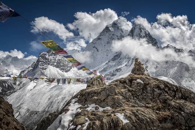 Nepal, Khumbu, Everest region, Ama Dablam and prayer flags  ALRF000016