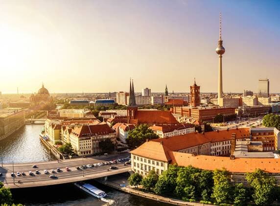 berlin skyline sunset panoramic view on berlin with town hall and tv tower in sunset berlin skyline sunset