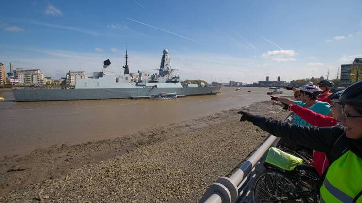 April 22, 2015 - Greenwich, London, UK - The Type-45 British destroyer HMS Defender arrived in London in the early hours of this morning for a six day visit. It s the first time that the Daring class vessel has visited London. She is in the capital to mark the centenary of the Battle of Gallipoli. She was seen glistening in the sunny spring weather today at her mooring in Greenwich. Hms Defender is 500ft long and will be leaving London next Tuesday. Credit : Rob Powell LNP Greenwich UK  - ZUMAl94_