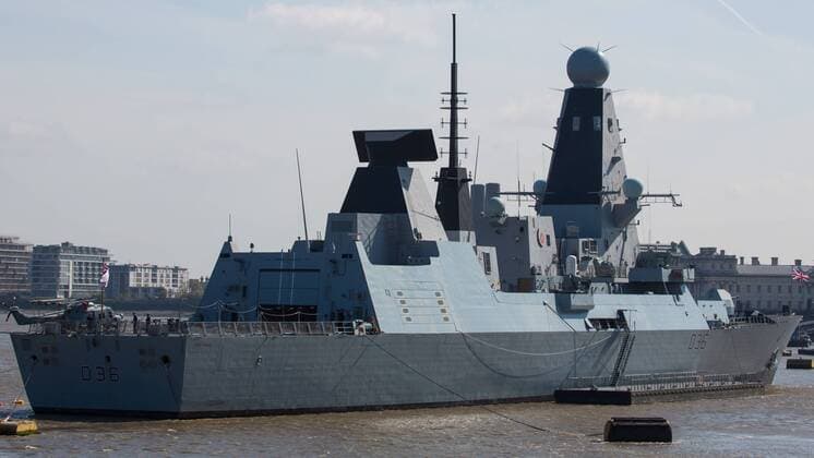 April 22, 2015 - Greenwich, London, UK - The Type-45 British destroyer HMS Defender arrived in London in the early hours of this morning for a six day visit. It s the first time that the Daring class vessel has visited London. She is in the capital to mark the centenary of the Battle of Gallipoli. She was seen glistening in the sunny spring weather today at her mooring in Greenwich. Hms Defender is 500ft long and will be leaving London next Tuesday. Credit : Rob Powell LNP Greenwich UK  - ZUMAl94_