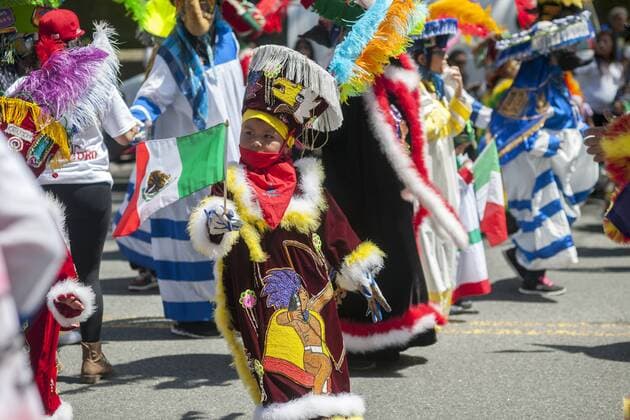 Cinco de Mayor Parade in New York Folk dancers in the Cinco de Mayo Parade in New York on Sunday, May 3, 2015. The holiday commemorates a victory of Mexican forces led by General Ignacio Zaragoza Seguín over French forces in the Battle of Puebla on May 5, 1862. In the United States Mexican-Americans celebrate with parades and festivals as a show of ethnic pride. (  RICHARDxB.xLEVINE