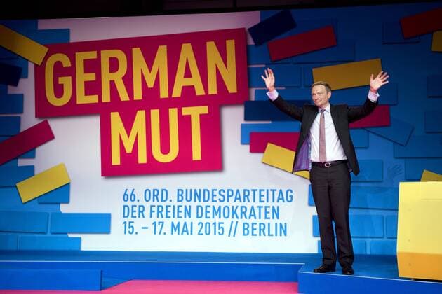 Christian Lindner, FDP Parteitag Christian Lindner, DEU, Deutschland, Germany, Berlin, 16.05.2015 Christian Lindner, Bundesvorsitzender der FDP, nach seiner Grundsatzrede auf dem Bundesparteitag der FDP unter dem Slogan German Mut in Berlin. Christian Lindner, head of the German Free Democratic Party, Freie Demokratische Partei FDP, during the party convent of the FDP under the slogan German Mut, German courage, in Berlin.