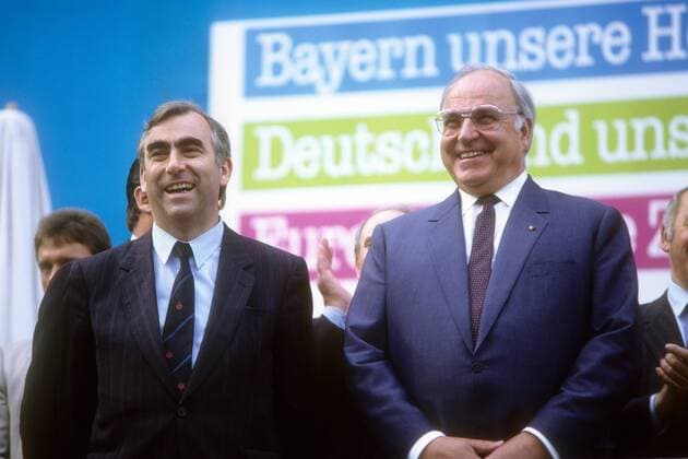CSU Kundgebung Marienplatz München 06 1989, Theo Waigel und Bundeskanzler Helmut Kohl (CDU)