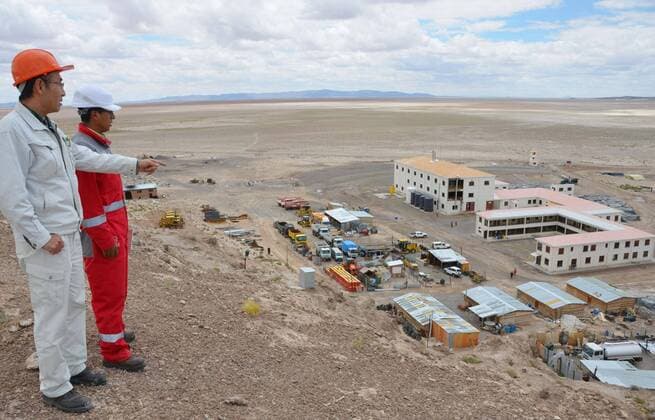 UYUNI, Bolivia - A Feb. 3, 2013, photo shows Japanese and Bolivian members of a joint project viewing a plant for experimental lithium extraction at the Uyuni salt flat in Bolivia. The area is believed to contain half the world s lithium reserves.  0223024