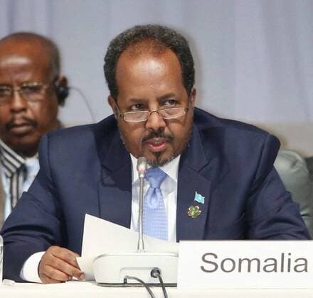 YOKOHAMA, Japan - Somali President Hassan Sheik Mohamud speaks at a special meeting dedicated to discussing issues confronting Somalia, in Yokohama, near Tokyo, on May 31, 2013. The meeting was held ahead of the fifth Tokyo International Conference on African Development on June 1 to 3. (Pool photo)  0601012