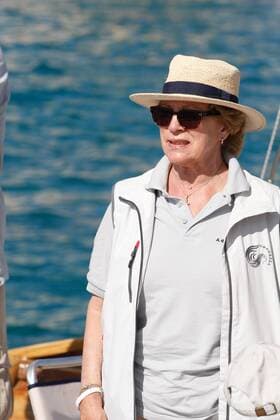 June 19, 2015 - Spetses Island, GREECE - Queen Anne-Marie of Greece on the traditional boat Afroessa at the port of Spetses island during the Spetses Classic Yacht Race Regatta Spetses Island GREECE - ZUMAv62_