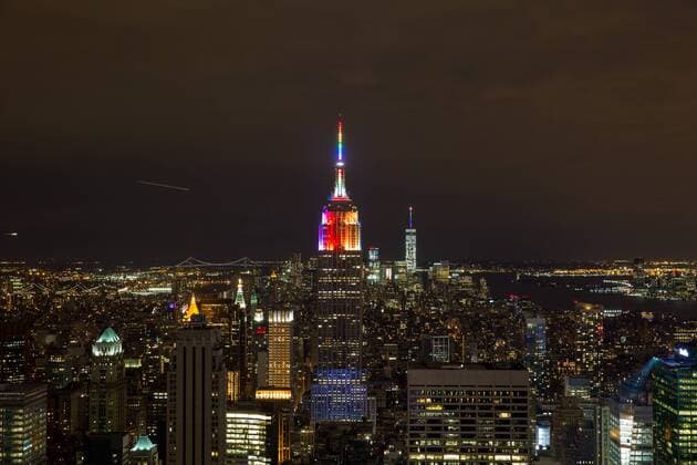 NEW YORK, June 28, 2015 -- The Empire State building is lit in rainbow colors in celebration of the annual Gay Pride Week in New York June 28, 2015. ) U.S.-NEW YORK-EMPIRE STATE-PRIDE WEEK-RAINBOW LIGHT LixMuzi 
