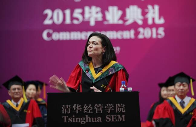 BEIJING, CHINA - JUNE 27: (CHINA OUT) Sheryl Sandberg, Chief Operating Officer of Facebook, delivers a speech during commencement of School of Economics and Management at Tsinghua University on June 27, 2015 in Beijing, China.  CFP469615123