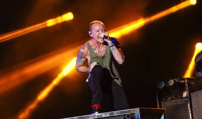SHANGHAI, CHINA - JULY 22: (CHINA OUT) Chester Bennington of Linkin Park performs during The Hunting Party 2015 China Tour at Hongkou Football Stadium on July 22, 2015 in Shanghai, China.  CFP470674452