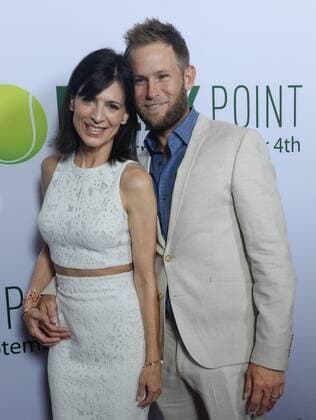 Actress Perry Reeves and her husband, tennis instructor Aaron Fox attend the premiere of the motion picture sports comedy Break Point at the Chinese 6 Theatres in the Hollywood section of Los Angeles on August 6, 2015. Storyline: Two estranged brothers reunite to make an improbable run at a grand slam tennis tournament.  LAP2015082740 JIMxRUYMEN