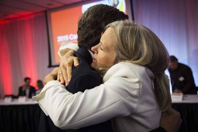 Sept. 1, 2015 - Toronto, ON, Canada - Toronto, Canada - September, 1 2015 - Susan McIsaac hugs Mayor John Tory after the United Way campaign launch, which announced its goal of raising $100 million for the charity s first-ever region-wide fundraising campaign. Toronto Canada  - ZUMAt14_