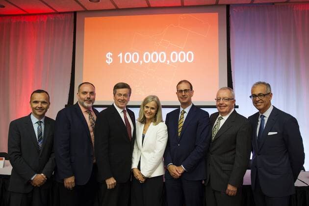 Sept. 1, 2015 - Toronto, ON, Canada - Toronto, Canada - September, 1 2015 - Susan McIsaac (centre), President and CEO of United Way Toronto & York Region, stands next to Mayor John Tory (centre left) and Mark Wiseman (centre right), President and CEO of the CPP Investment Board, after the United Way campaign launch, which announced its goal of raising $100 million for the charity s first-ever region-wide fundraising campaign. Toronto Canada - ZUMAt14_