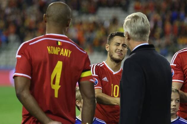 - BRUSSELS, BELGIUM: Belgium s Eden Hazard and King Philippe of Belgium pictured at the start of a Euro 2016 qualification games between Belgian national soccer team Red Devils and Bosnia and Herzegovina, Thursday 03 September 2015, in Brussels King Baudouin stadium (Stade Roi Baudouin - Koning Boudewijnsatdion). Tuesday  BRUNOxFAHY 04692858