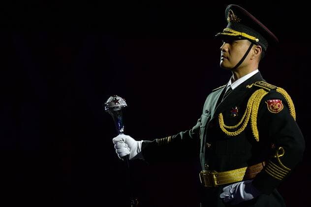 (150907) -- MOSCOW, Sept. 7, 2015 -- A member of the band of the People s Liberation Army of China performs during the Spasskaya Tower International Military Music Festival in Moscow, Russia, on Sept. 7, 2015. Combined orchestra of all participants perform during the 8th International Military Music Festival Spasskaya Tower held here on Monday. ) RUSSIA-MOSCOW-MILITARY-BAND-FESTIVAL PavelxBednyakov 
