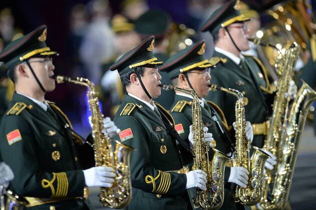 (150907) -- MOSCOW, Sept. 7, 2015 -- Members of the band of the People s Liberation Army of China perform during the Spasskaya Tower International Military Music Festival in Moscow, Russia, on Sept. 7, 2015. Combined orchestra of all participants perform during the 8th International Military Music Festival Spasskaya Tower held here on Monday. ) RUSSIA-MOSCOW-MILITARY-BAND-FESTIVAL PavelxBednyakov 