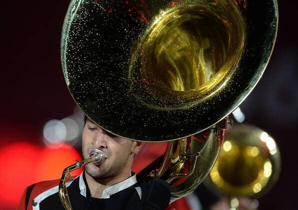 (150907) -- MOSCOW, Sept. 7, 2015 -- A member of Slovenia s Post Brass Band of city of Maribor performs during the Spasskaya Tower International Military Music Festival in Moscow, Russia, on Sept. 7, 2015. Combined orchestra of all participants perform during the 8th International Military Music Festival Spasskaya Tower held here on Monday. ) RUSSIA-MOSCOW-MILITARY-BAND-FESTIVAL PavelxBednyakov 