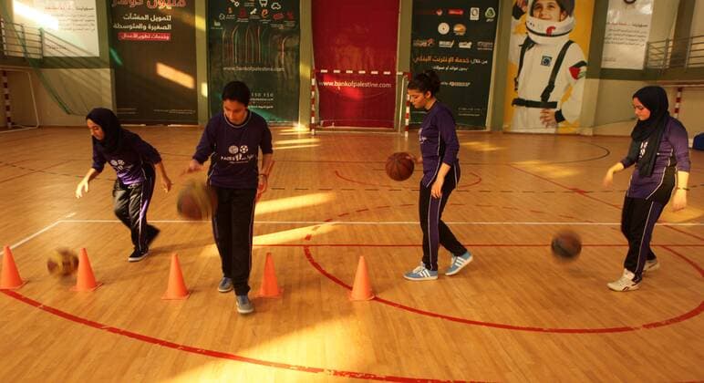 Sept. 7, 2015 - Gaza, gaza strip, Palestine - Palestinian girls basketball training exercise in Gaza City as part of an initiative to empower young girls. in Gaza City on September 7, 2015 , aged between fourteen and twenty, train twice a week. Gaza Palestine  - ZUMAn230