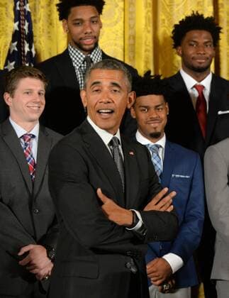 U.S. President Barack Obama smiles during a celebration event for the Duke basketball team in the East Room of the White House in Washington, DC on September 8, 2015. The Duke Blue Devils won the NCAA college basketball championship in March of 2015.  WAP2015090804 PATxBENIC